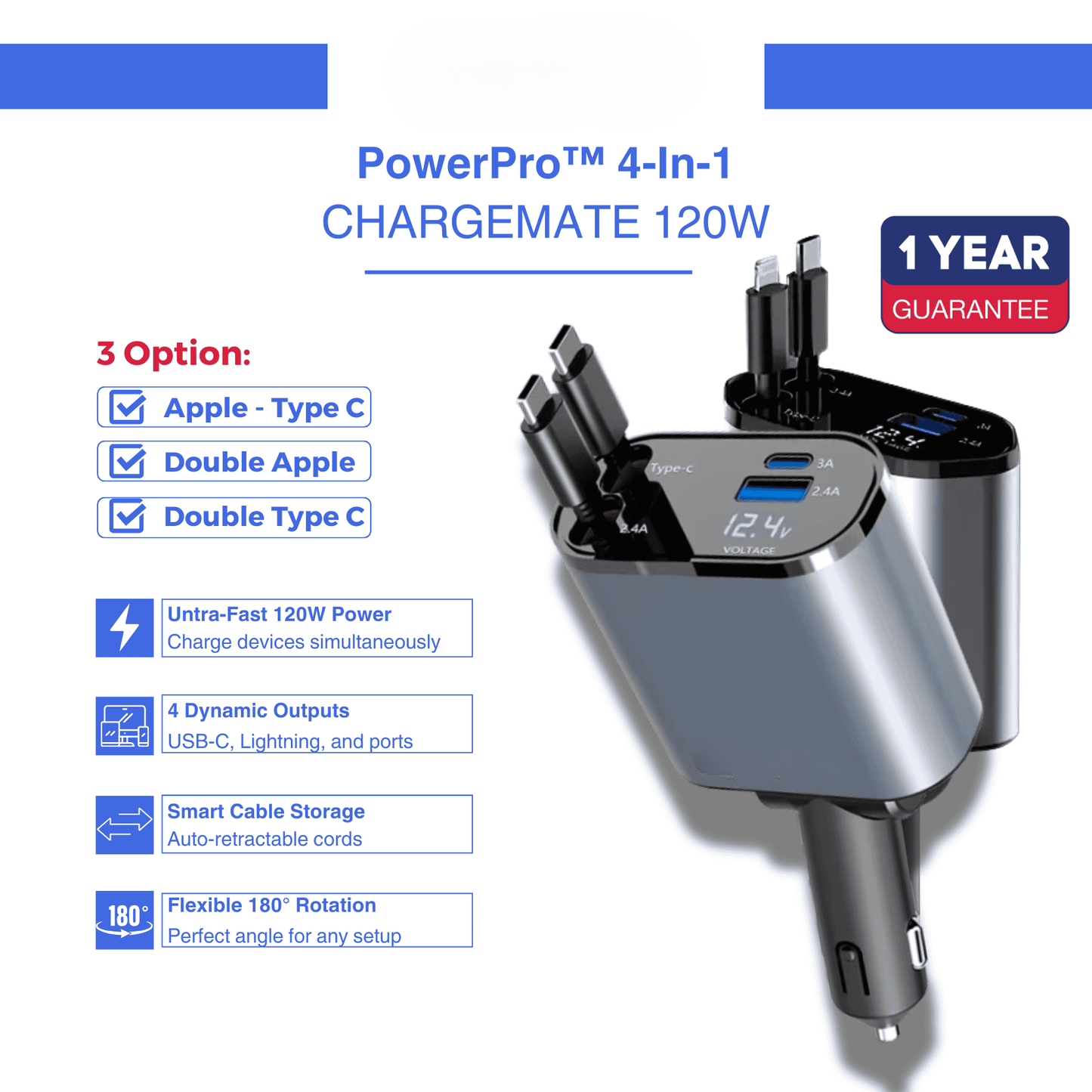 PowerProTM 4-in-1 Car charger Adapter