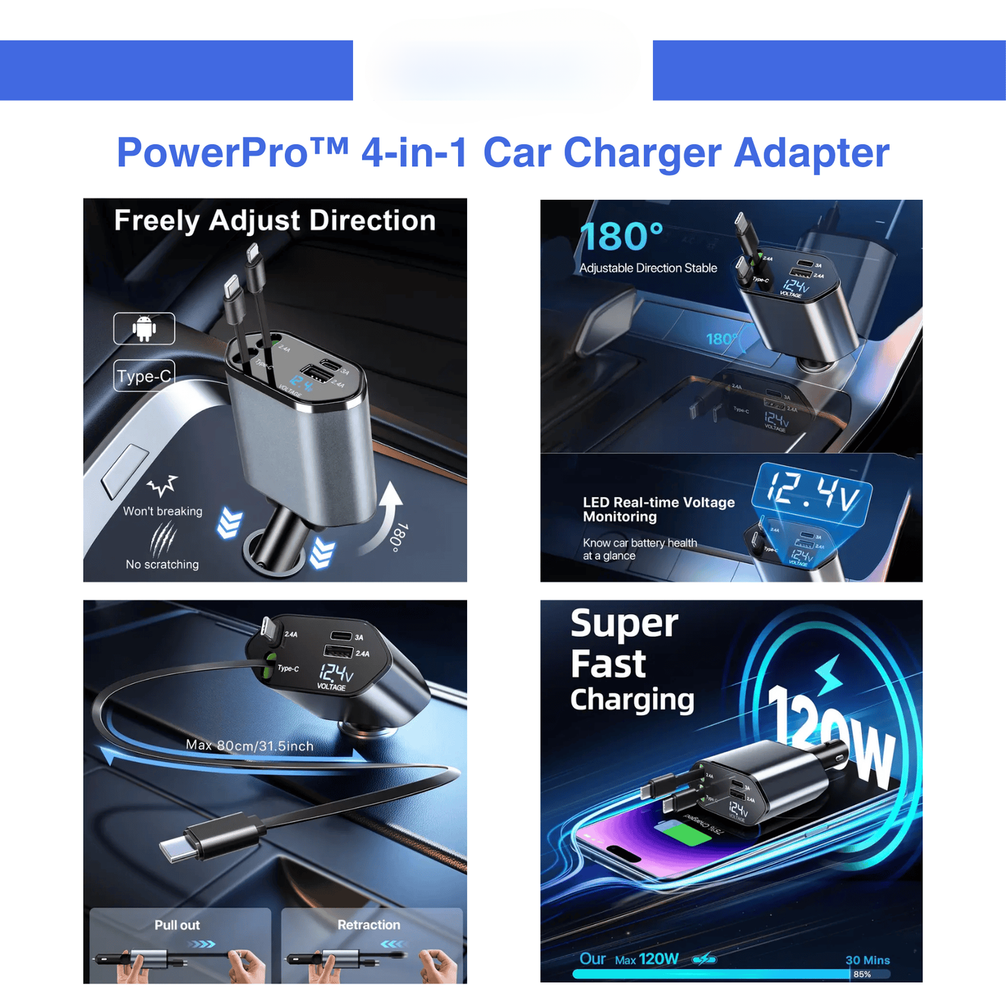 PowerProTM 4-in-1 Car charger Adapter