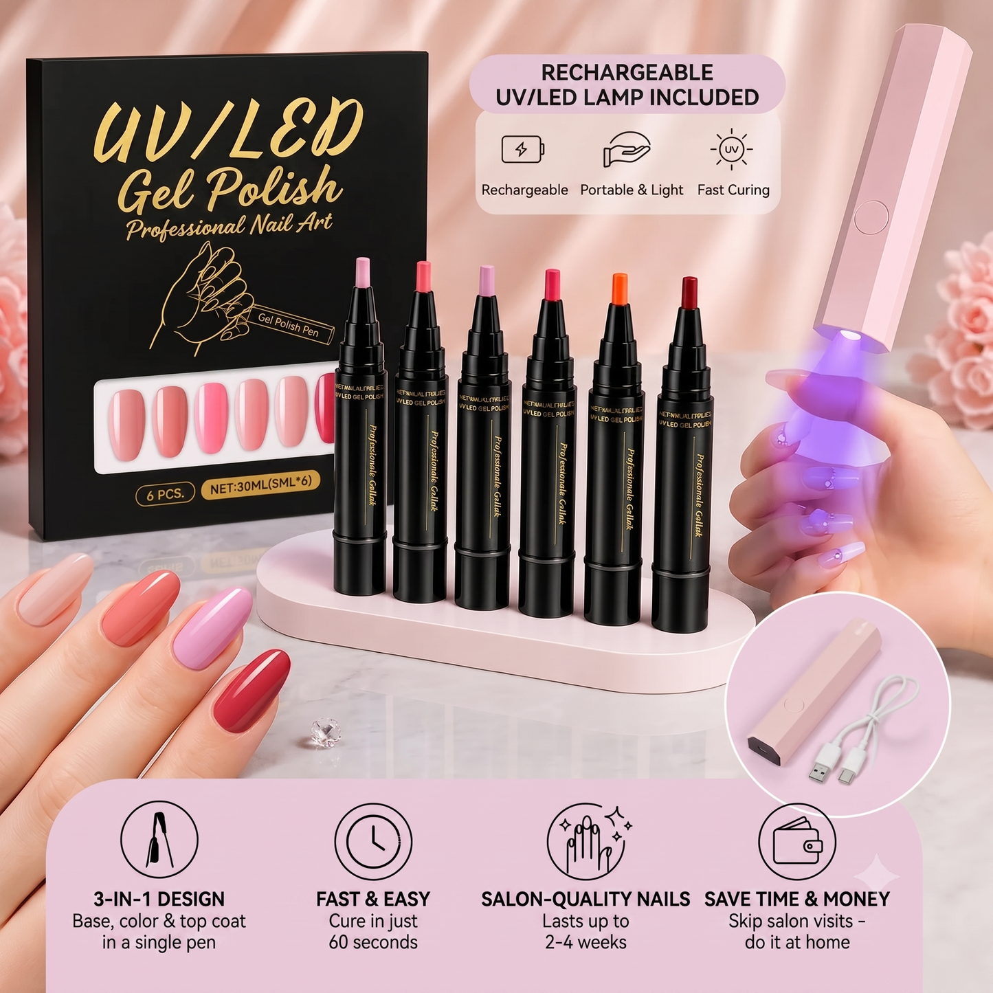 SalonPen 3-in-1 gel pen set with UV LED lamp (6 pieces)