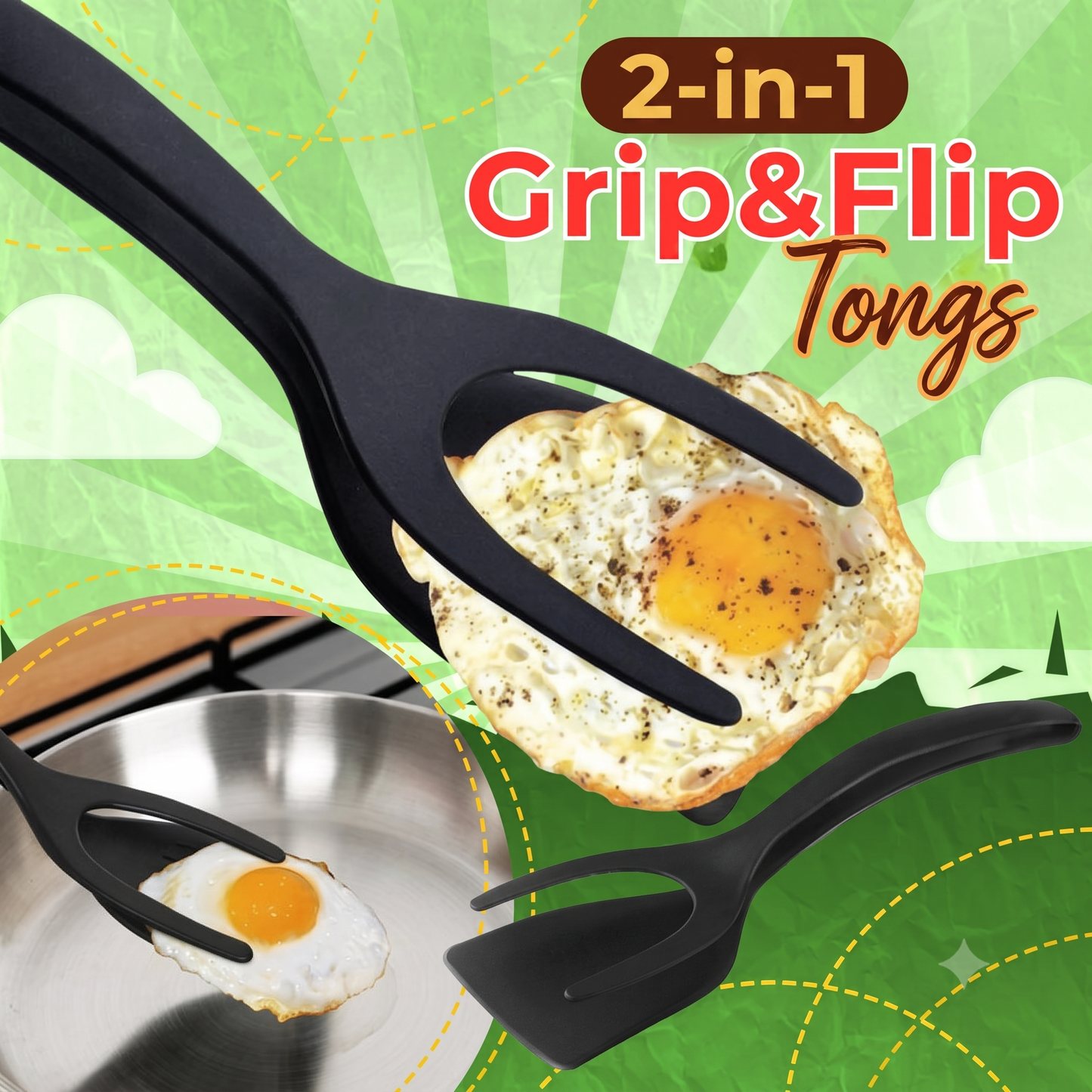 Heat-resistant silicone spatula tongs 2-in-1 with non-slip handle