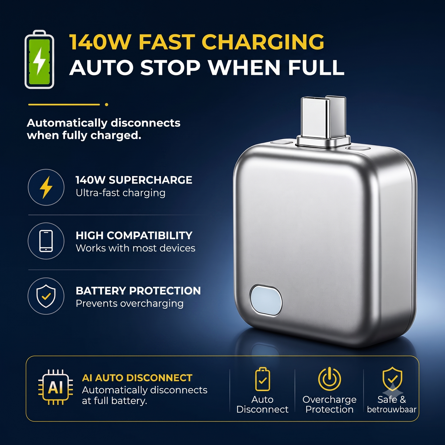 Charging block with automatic shut-off and overcharge protection