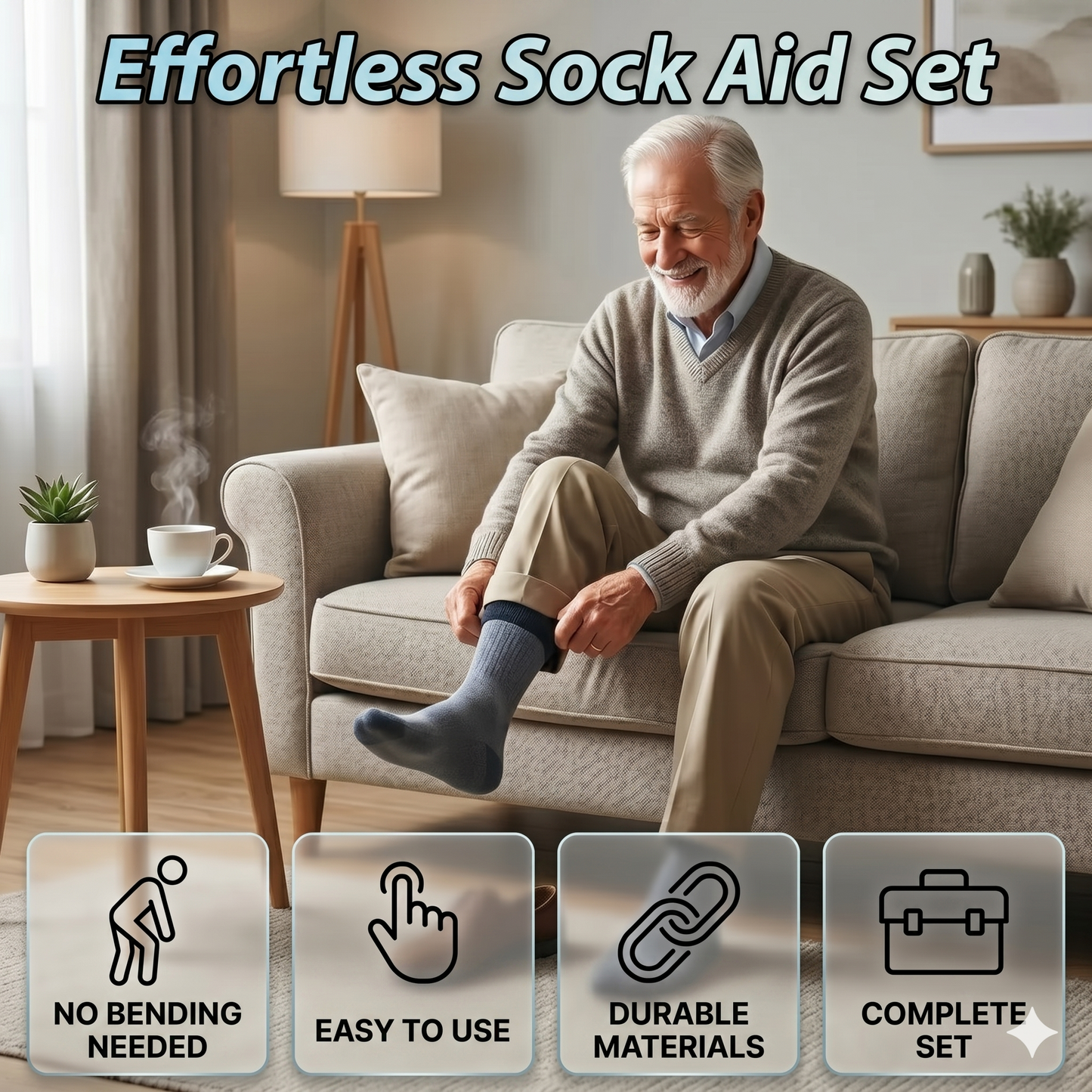No-bend sock aid with pull loops