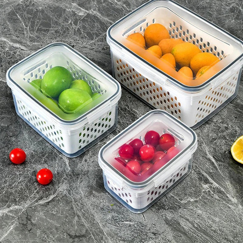 Fruit storage container with removable colander rinses fruits and vegetables and prevents soaking