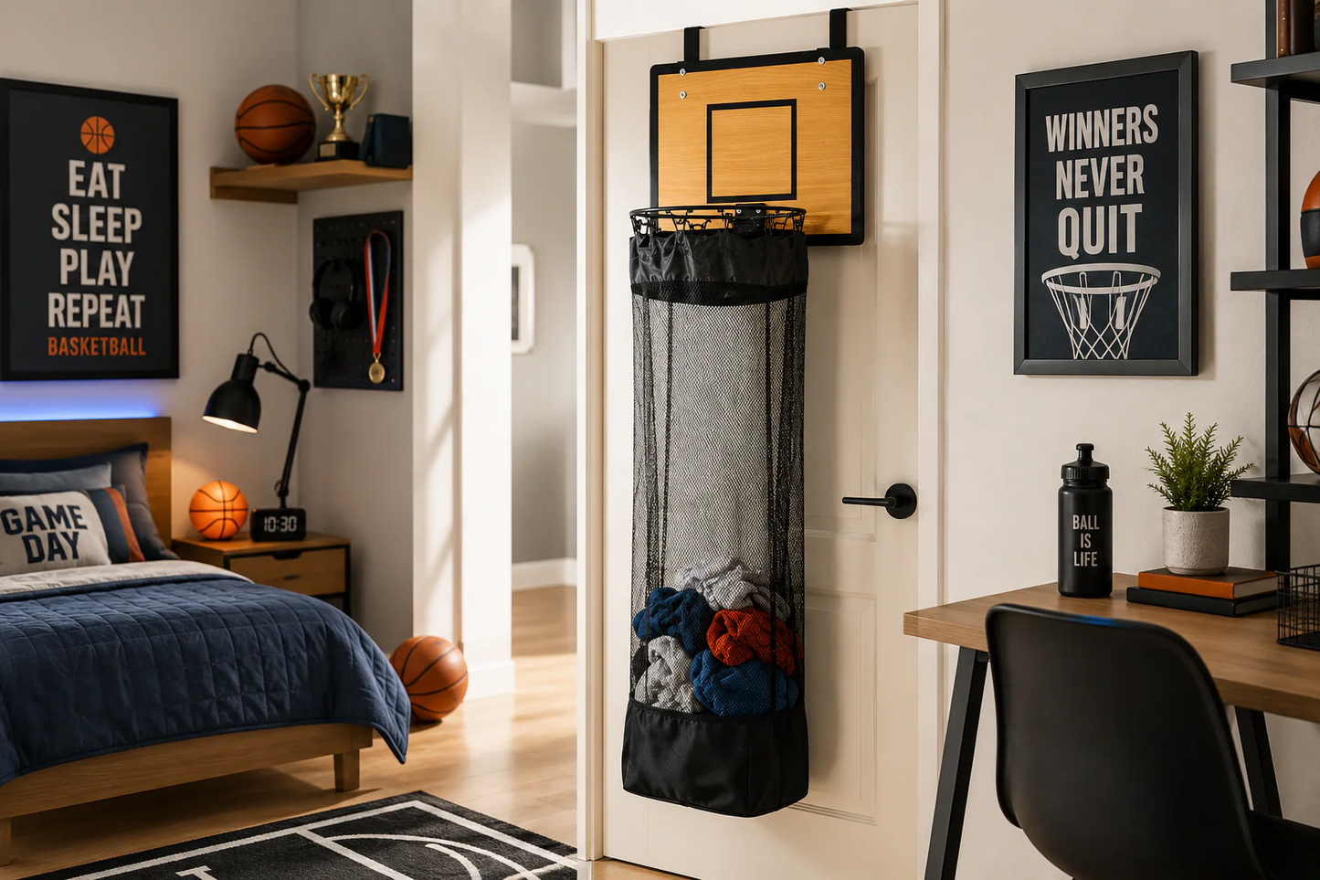 Over-the-door laundry basket with basketball hoop