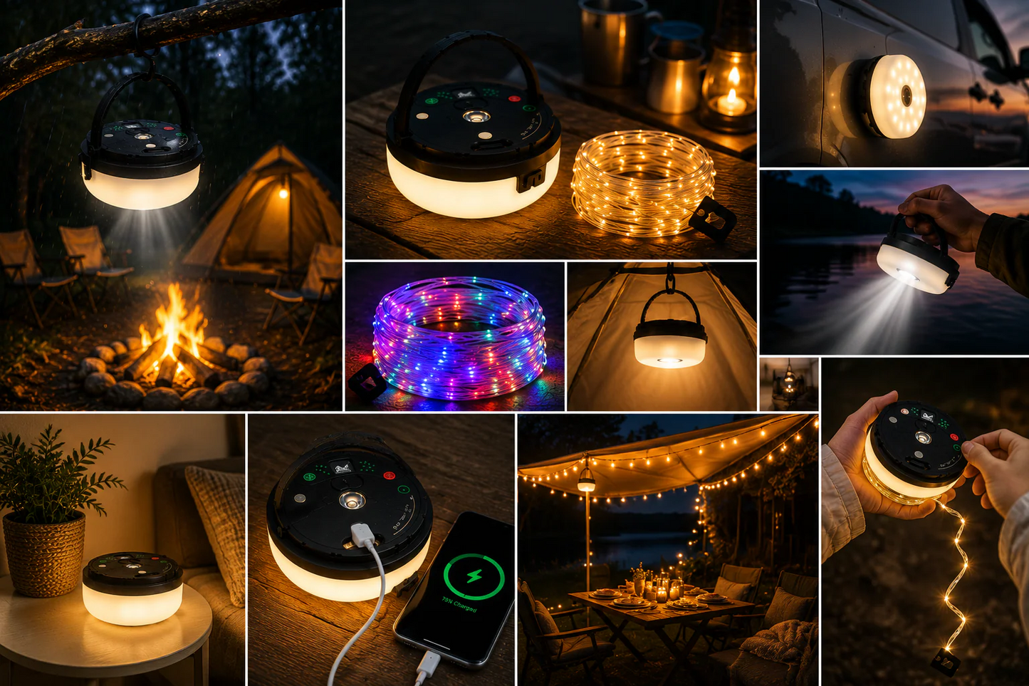 CampGlow 4-in-1 rechargeable camping lantern with string lights and power bank