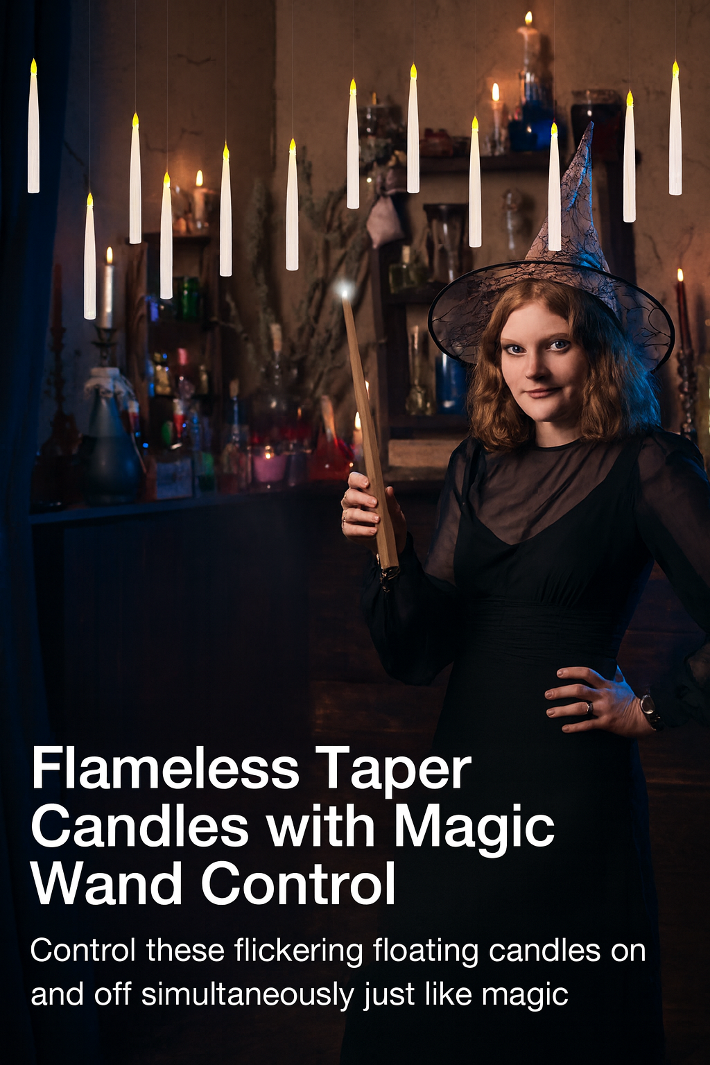 12 FLOATING LED CANDLES WITH MAGIC WAND REMOTE – FLAMELESS HANGING CANDLES FOR CHRISTMAS & HALLOWEEN DECORATION