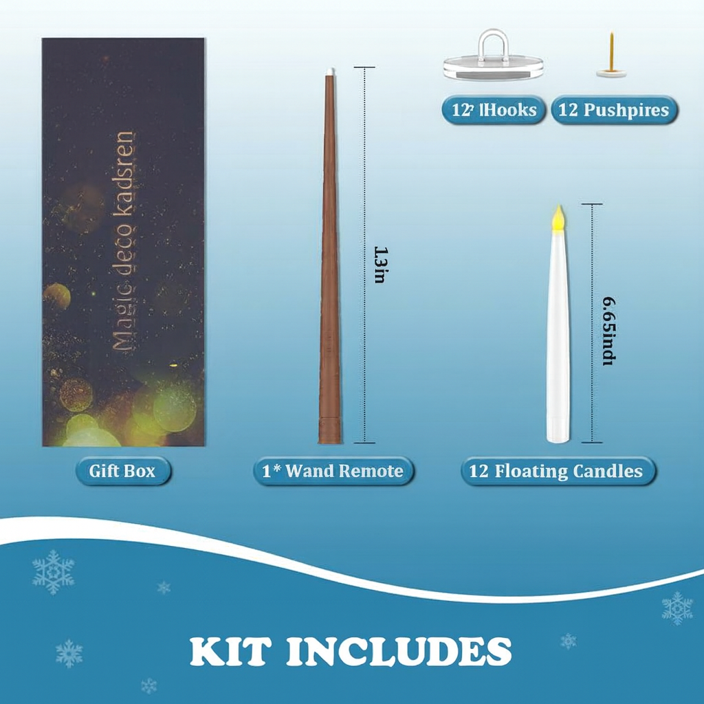 12 FLOATING LED CANDLES WITH MAGIC WAND REMOTE – FLAMELESS HANGING CANDLES FOR CHRISTMAS & HALLOWEEN DECORATION