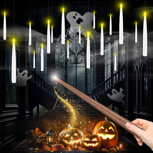 12 FLOATING LED CANDLES WITH MAGIC WAND REMOTE – FLAMELESS HANGING CANDLES FOR CHRISTMAS & HALLOWEEN DECORATION