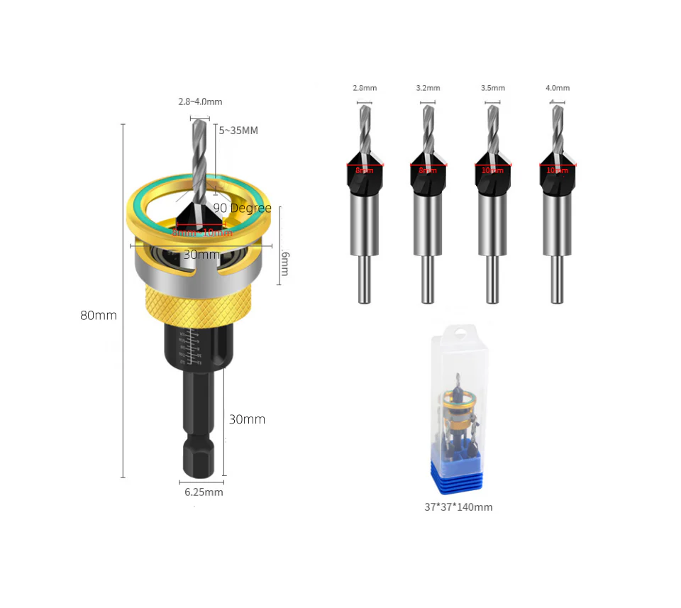 4-Piece Wood Countersink Drill Bit Set with Depth Stop