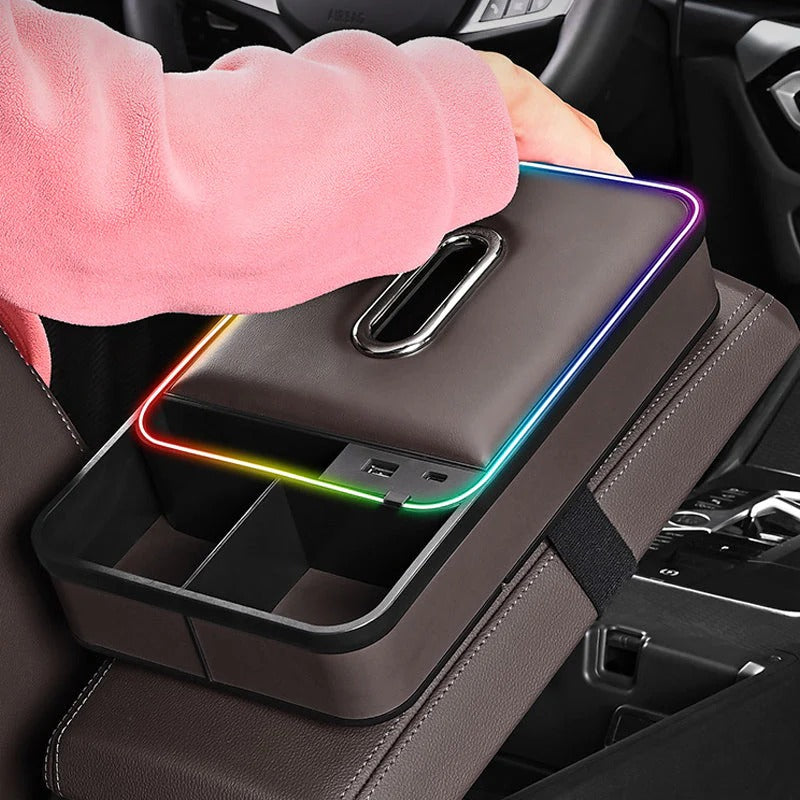 Armrest storage box with LED ambient lighting