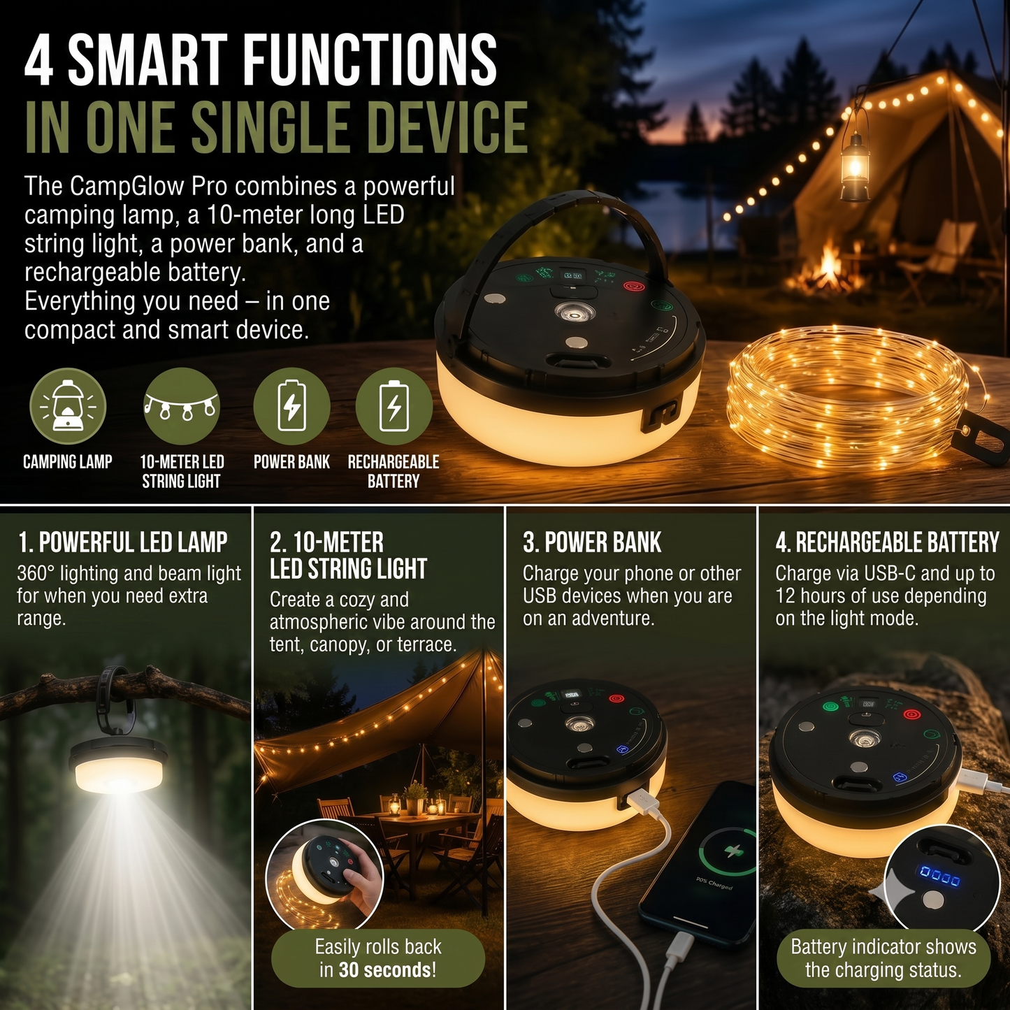 CampGlow 4-in-1 rechargeable camping lantern with string lights and power bank