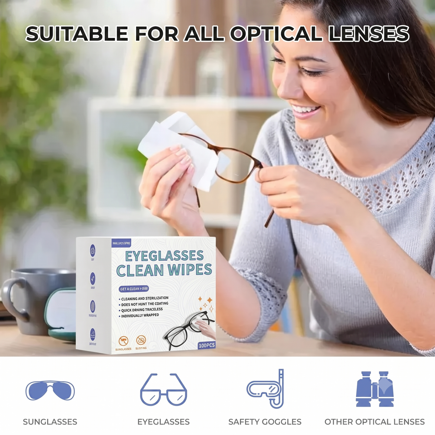 Anti-fog cleaning wipes for glasses (100 pieces)