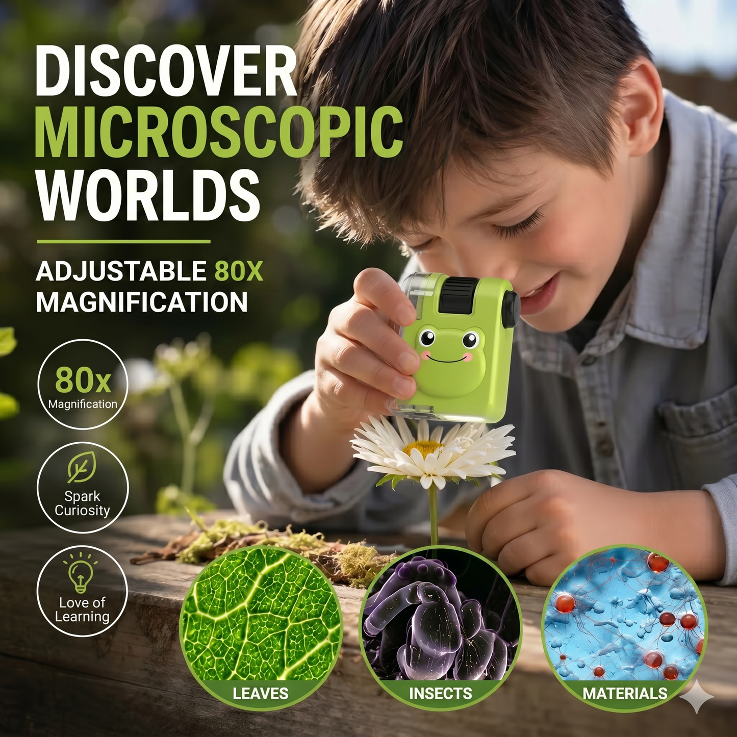 Portable educational microscope with phone holder for kids