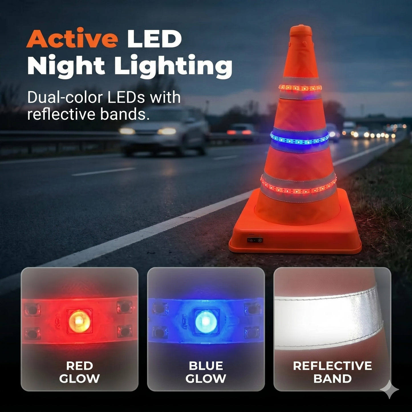Collapsible reflective traffic cone made of high-quality and water-resistant Oxford fabric