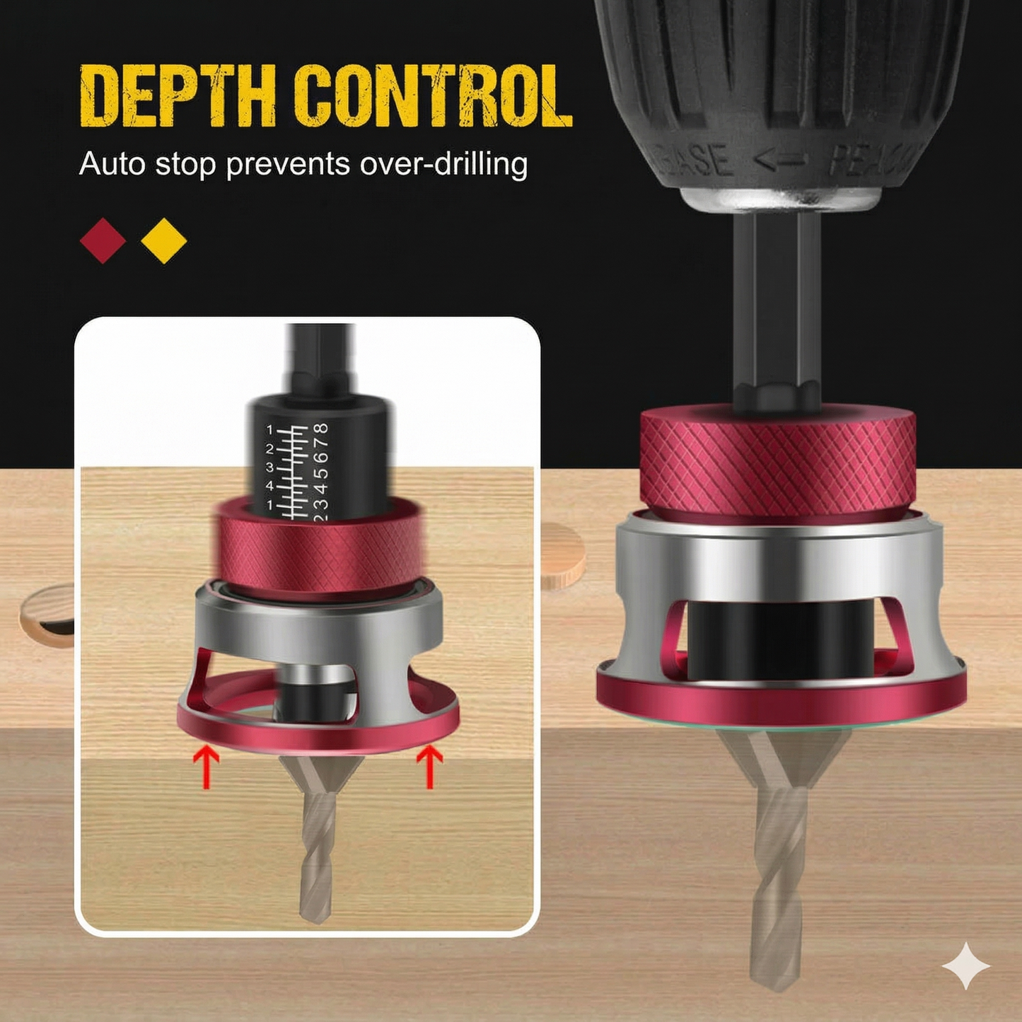 4-Piece Wood Countersink Drill Bit Set with Depth Stop