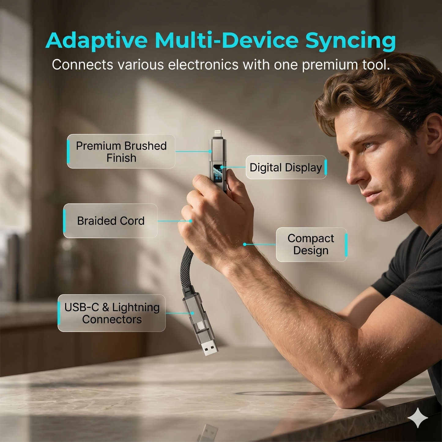 4-in-1 digital display keychain charging cable