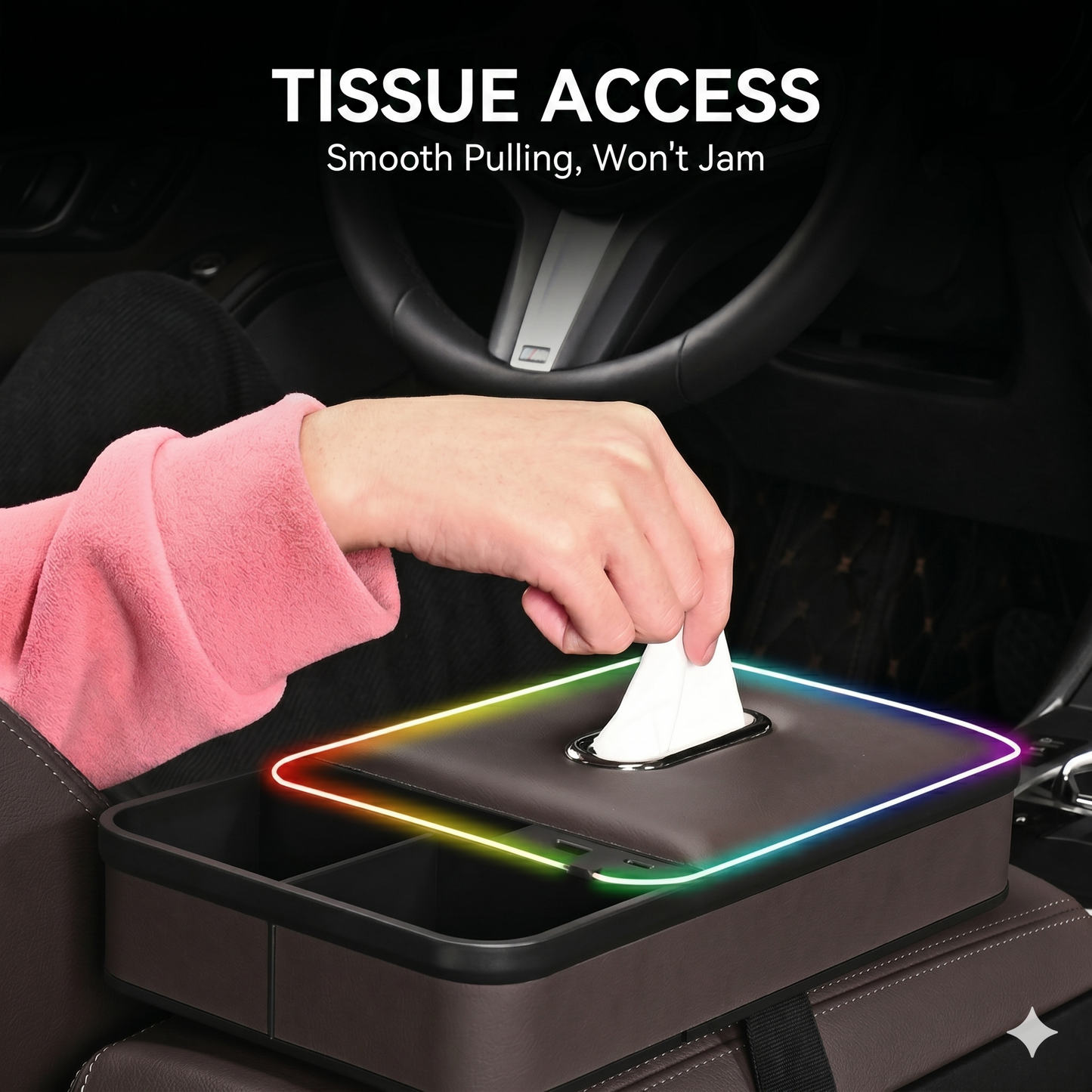 Armrest storage box with LED ambient lighting