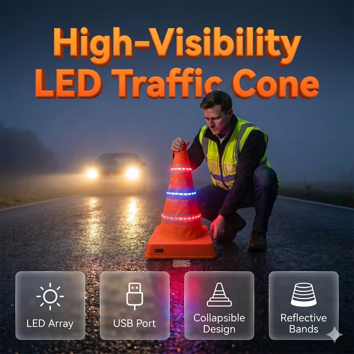 Collapsible reflective traffic cone made of high-quality and water-resistant Oxford fabric