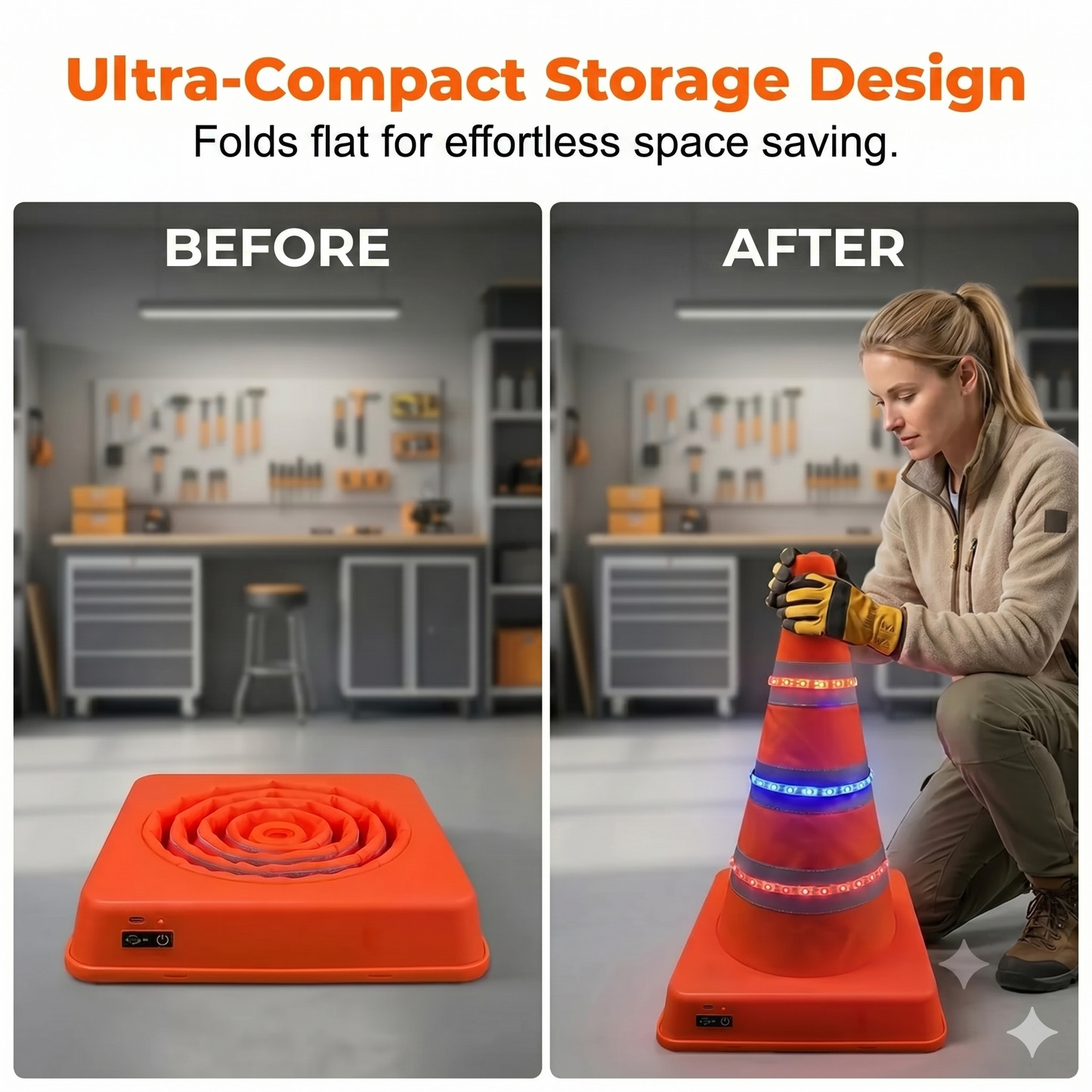 Collapsible reflective traffic cone made of high-quality and water-resistant Oxford fabric