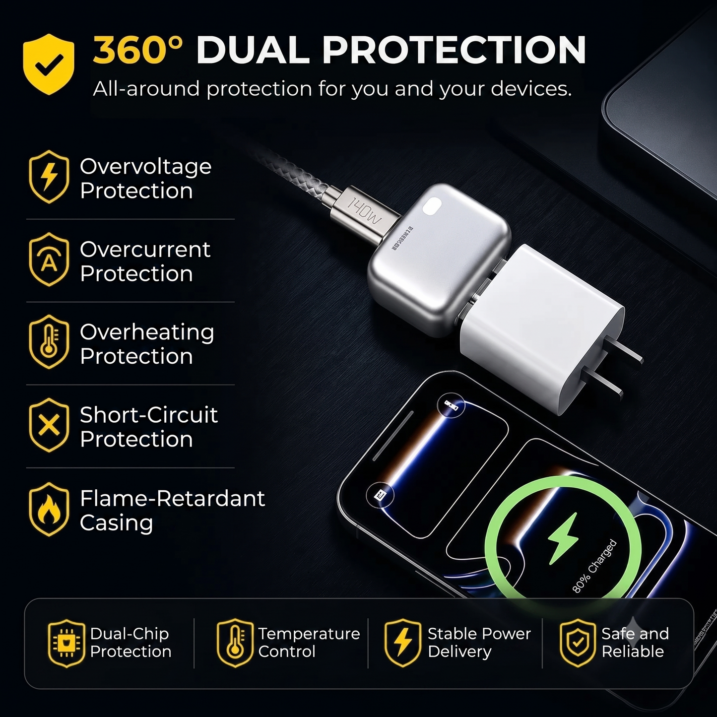 Charging block with automatic shut-off and overcharge protection