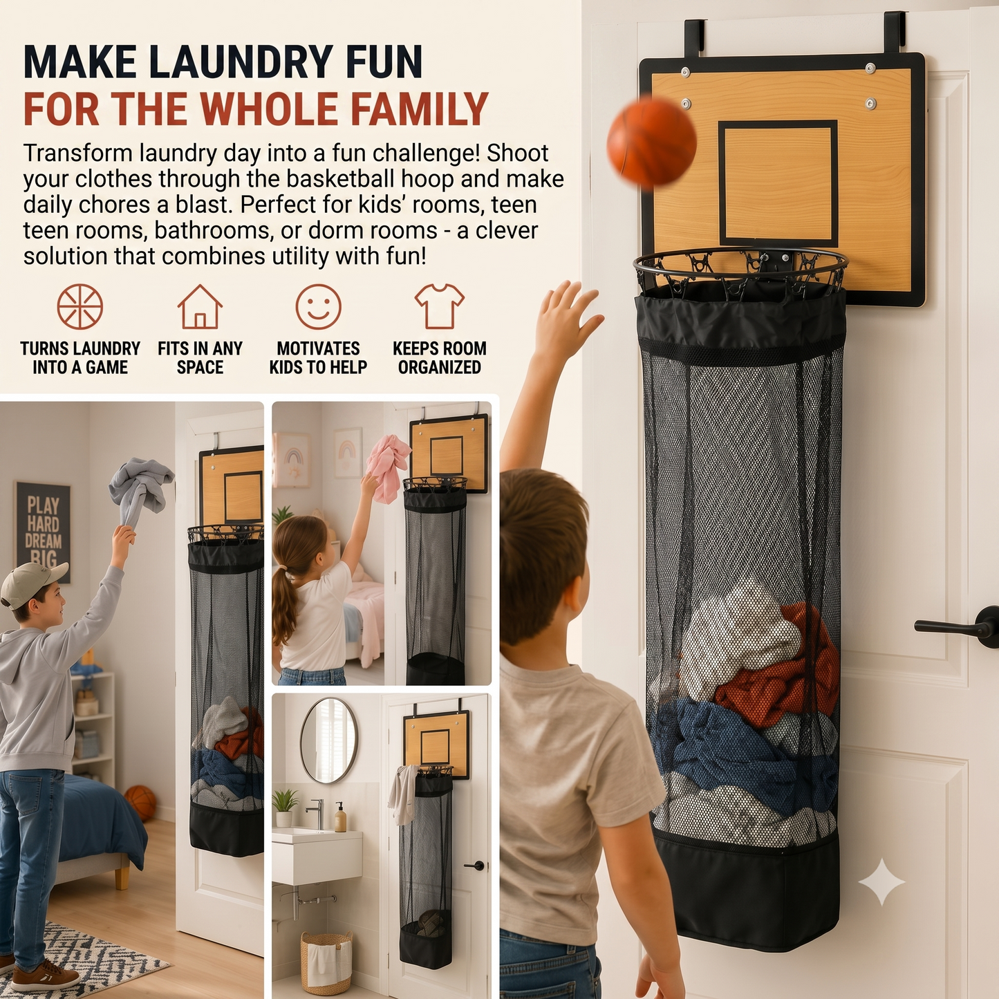 Over-the-door laundry basket with basketball hoop