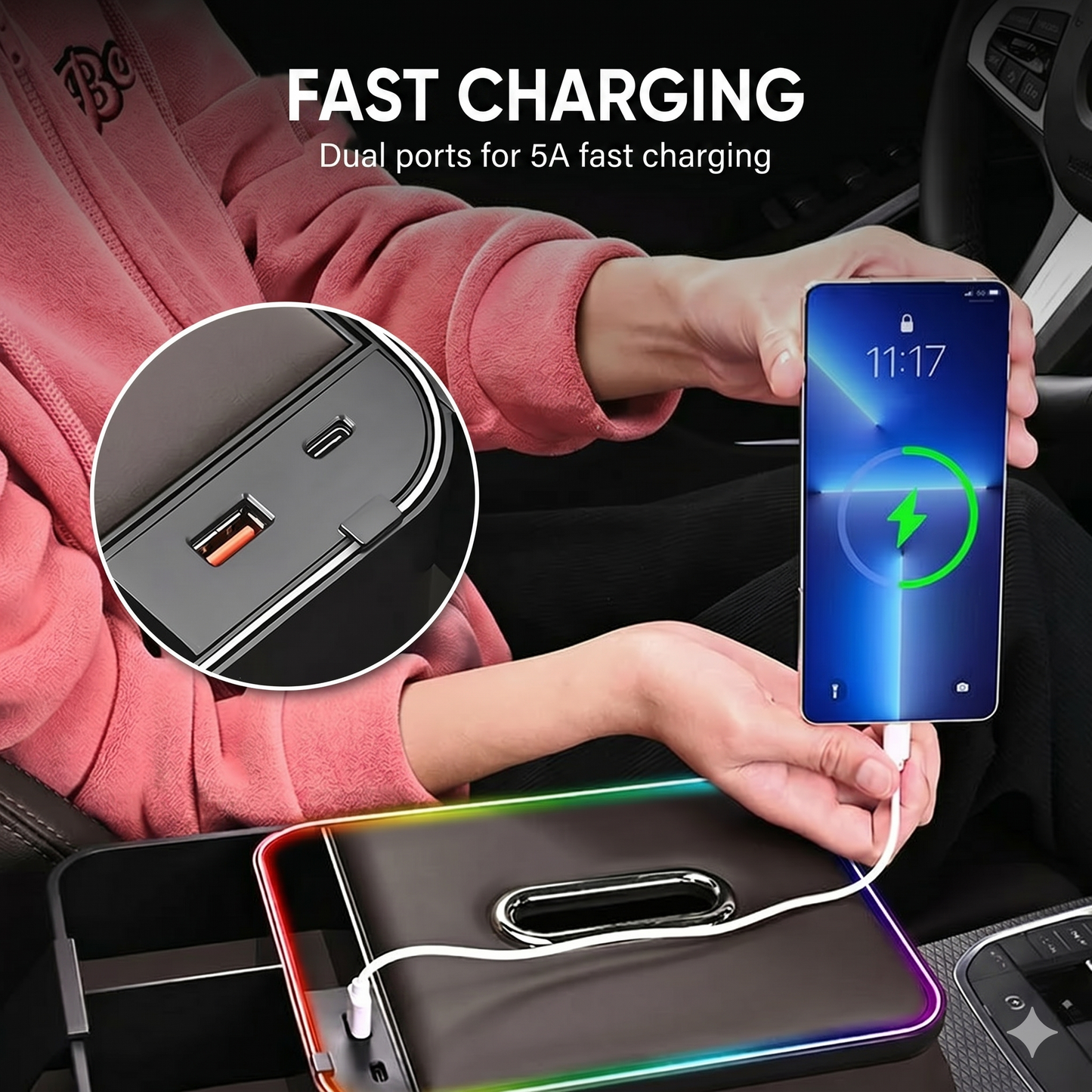Armrest storage box with LED ambient lighting