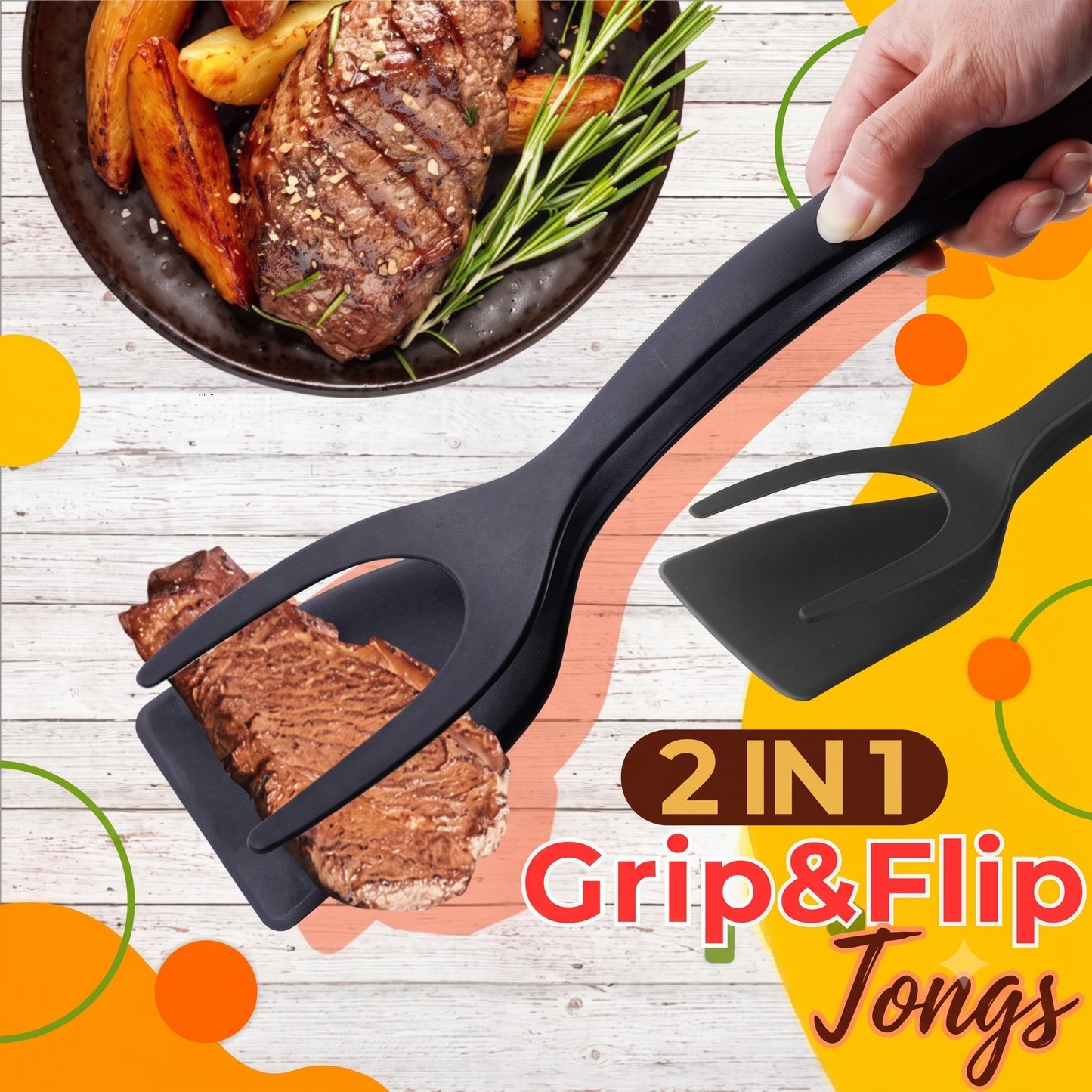 Heat-resistant silicone spatula tongs 2-in-1 with non-slip handle