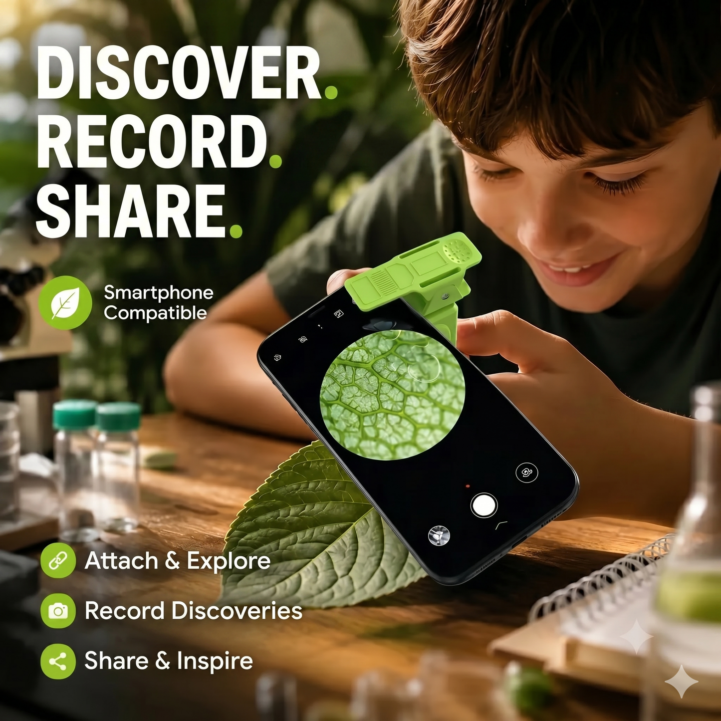 Portable educational microscope with phone holder for kids