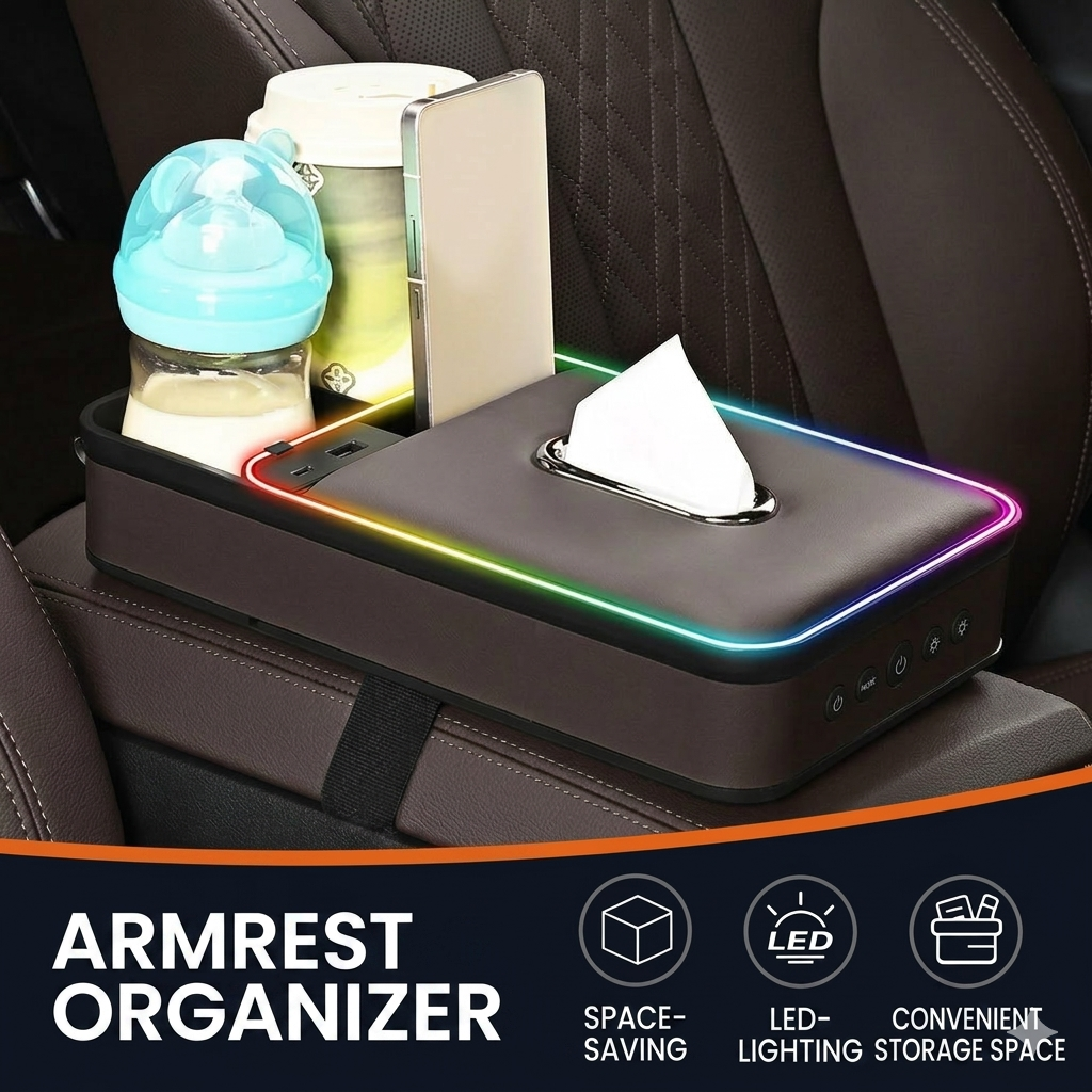 Armrest storage box with LED ambient lighting