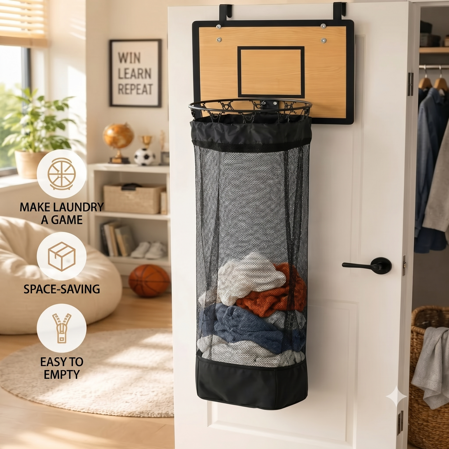 Over-the-door laundry basket with basketball hoop