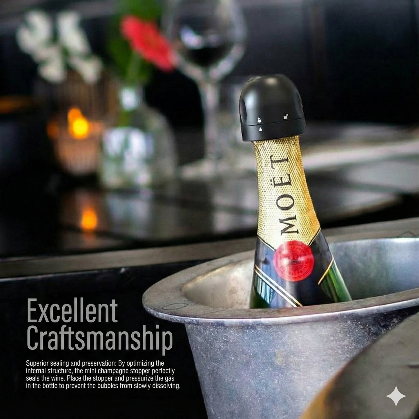 Silicone seal for wine/champagne bottles