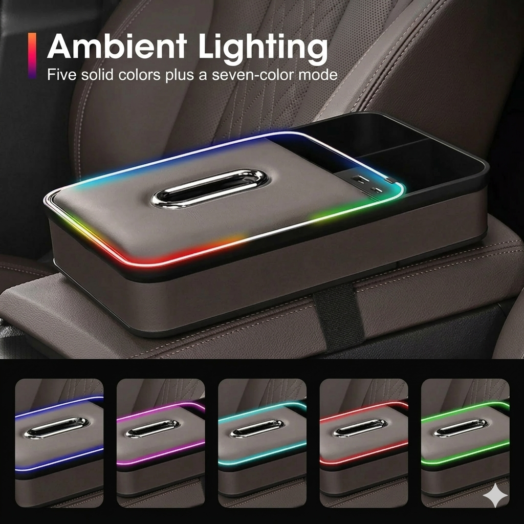 Armrest storage box with LED ambient lighting