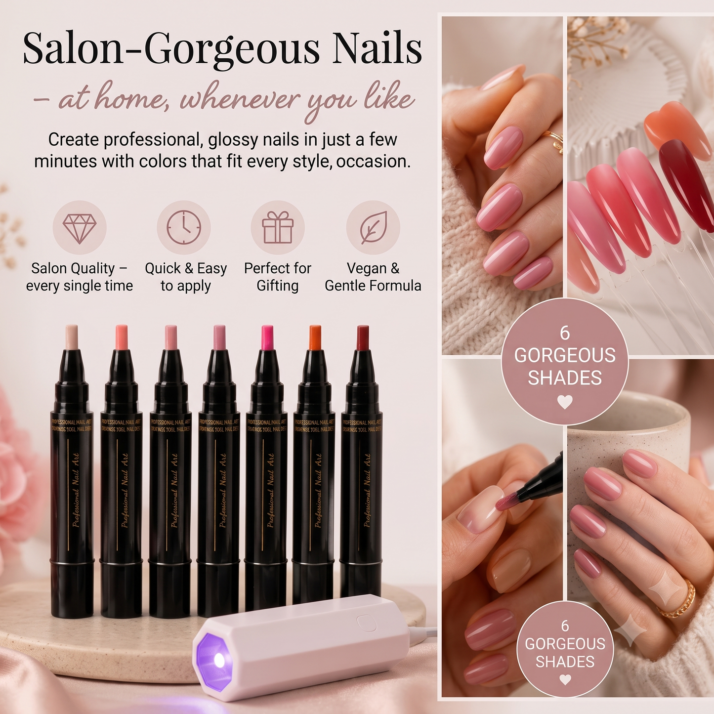 SalonPen 3-in-1 gel pen set with UV LED lamp (6 pieces)