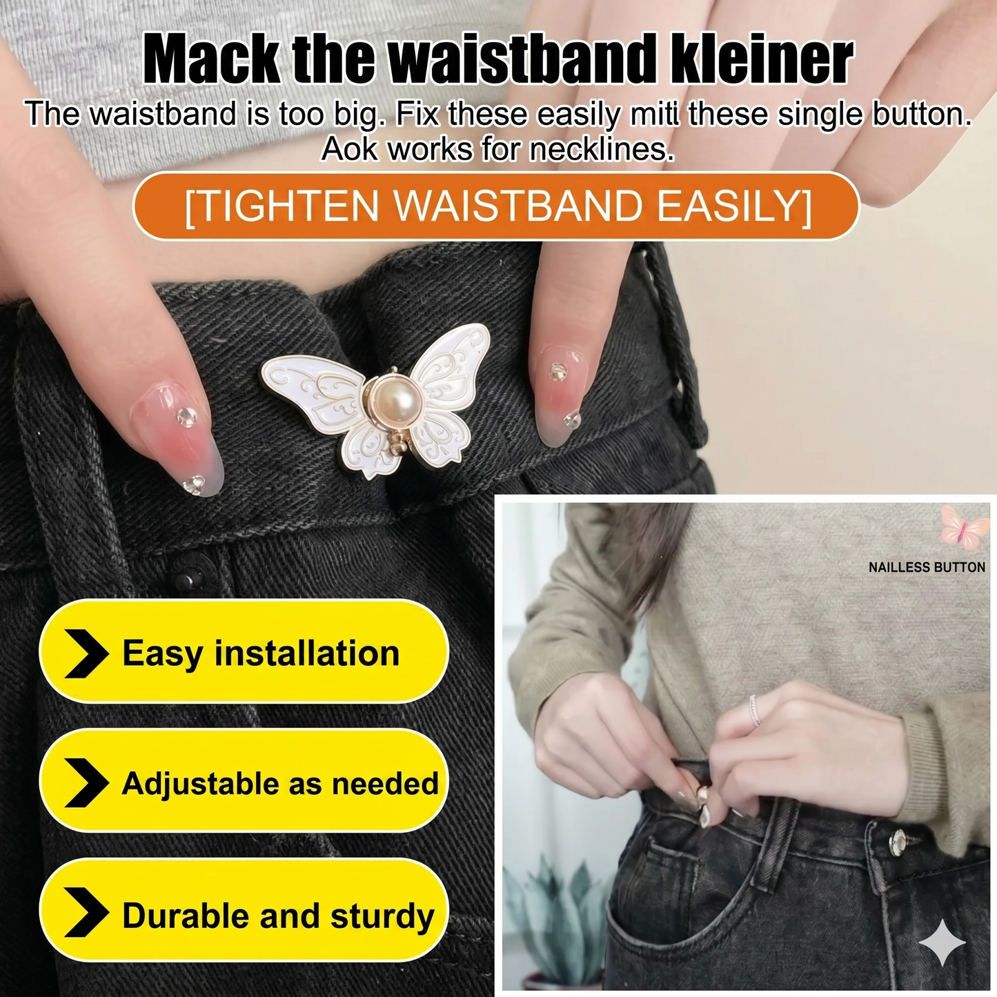 No more sagging pants! Removable butterfly buckle