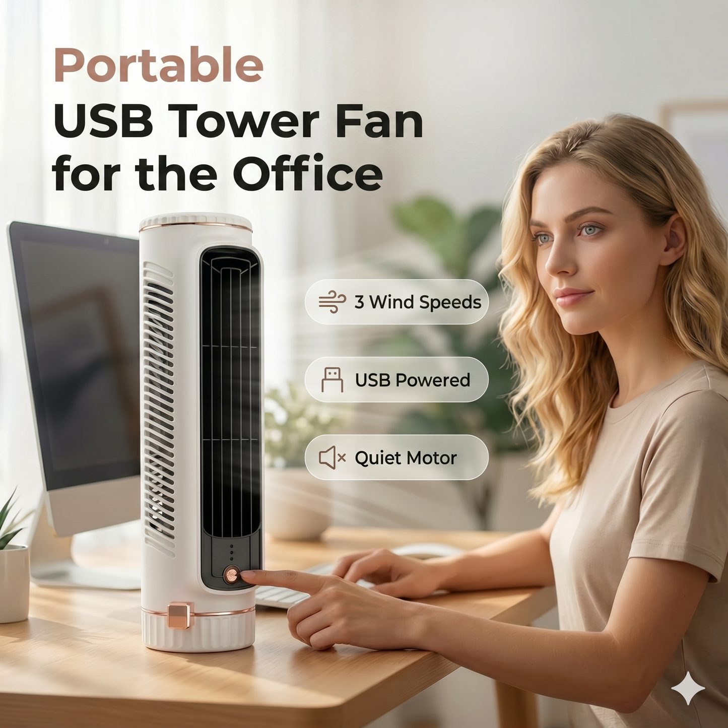 Portable USB tower fan with 3 speeds