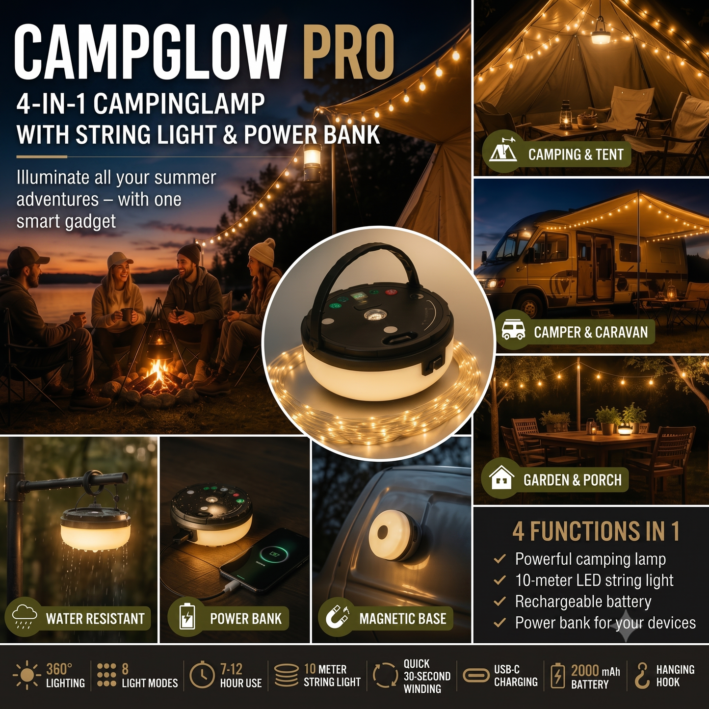 CampGlow 4-in-1 rechargeable camping lantern with string lights and power bank