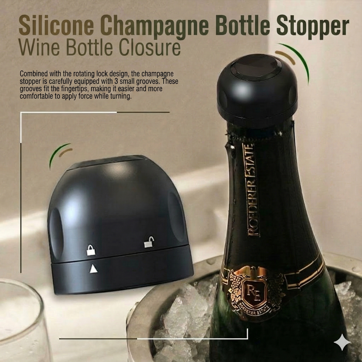 Silicone seal for wine/champagne bottles