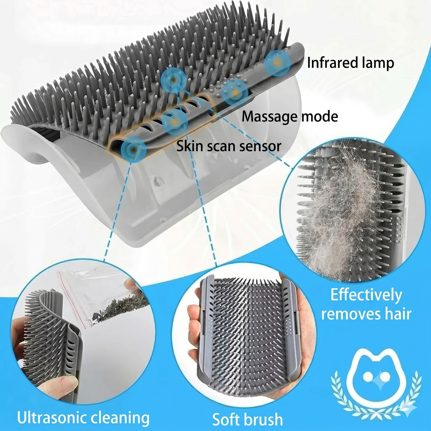 Self-cleaning cat massage brush for corners
