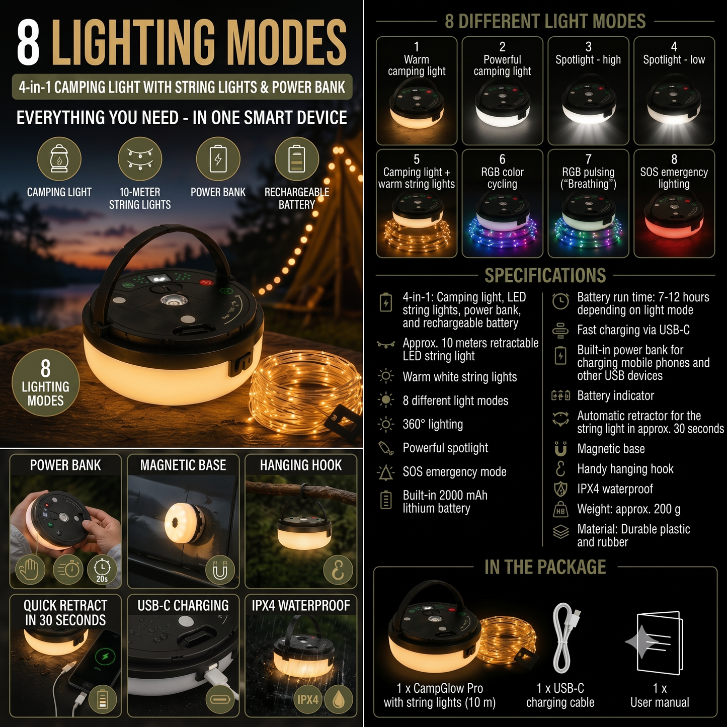 CampGlow 4-in-1 rechargeable camping lantern with string lights and power bank