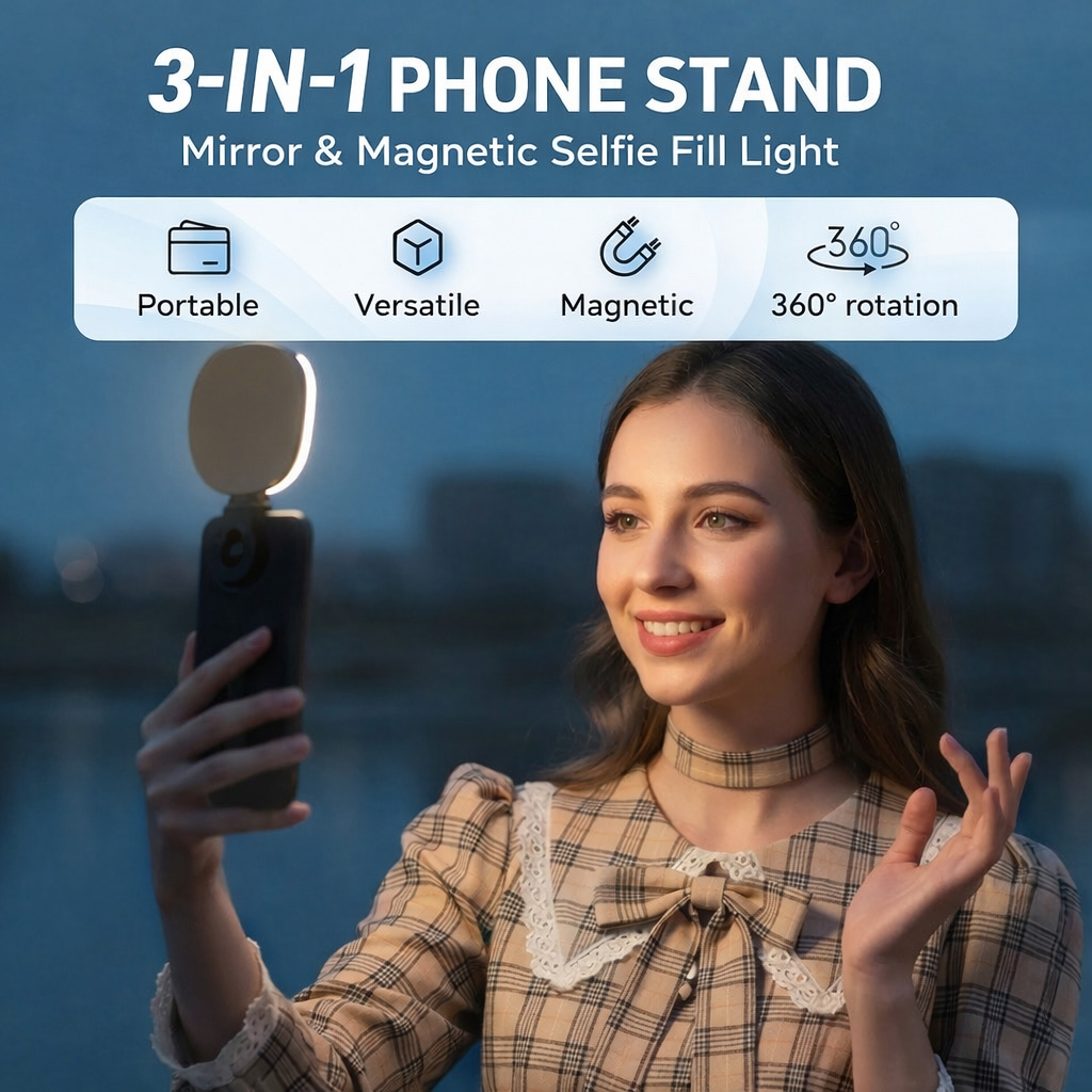 3-in-1 phone stand, mirror, and magnetic selfie fill light