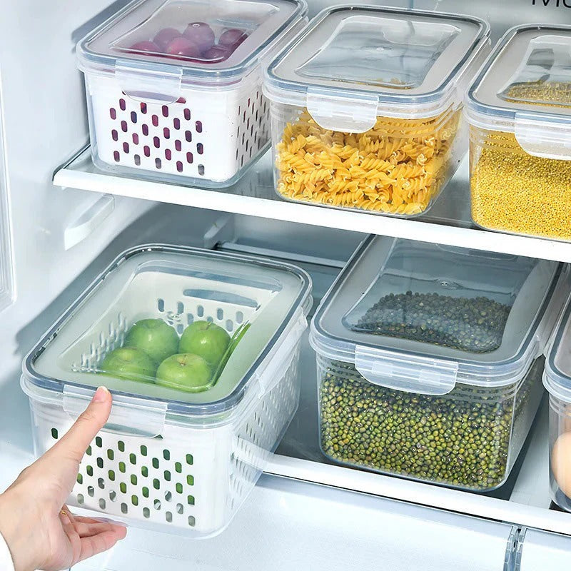 Fruit storage container with removable colander rinses fruits and vegetables and prevents soaking