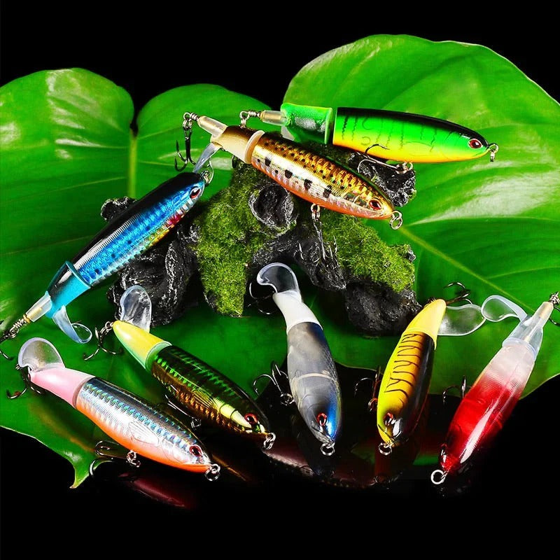 Floating, rotating fish bait in the shape of a propeller