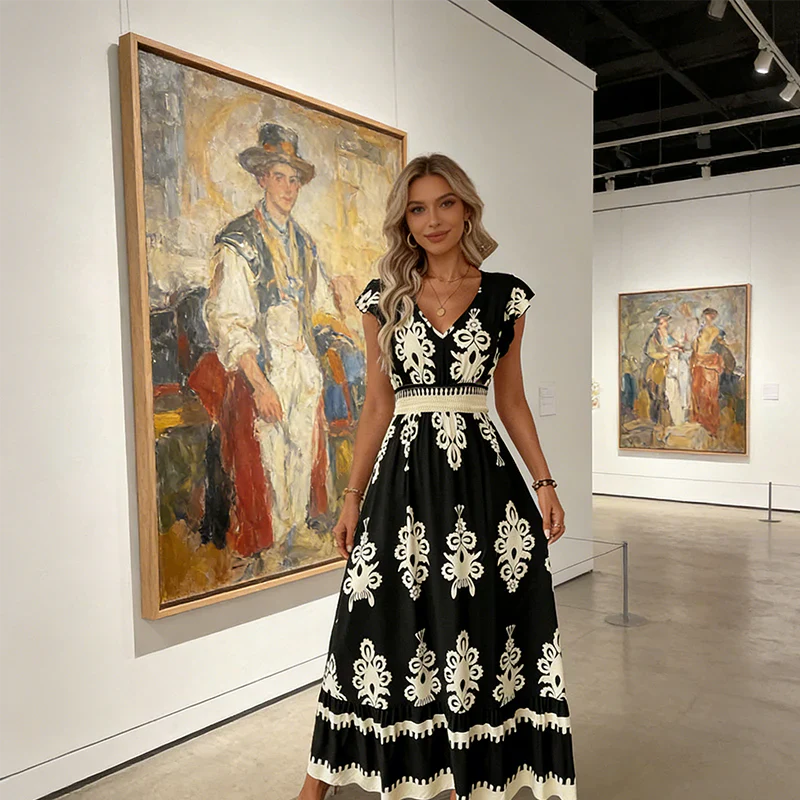 Elegant V-neck dress with baroque print