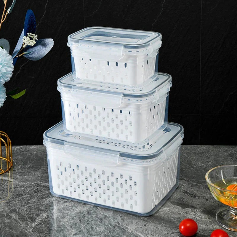 Fruit storage container with removable colander rinses fruits and vegetables and prevents soaking