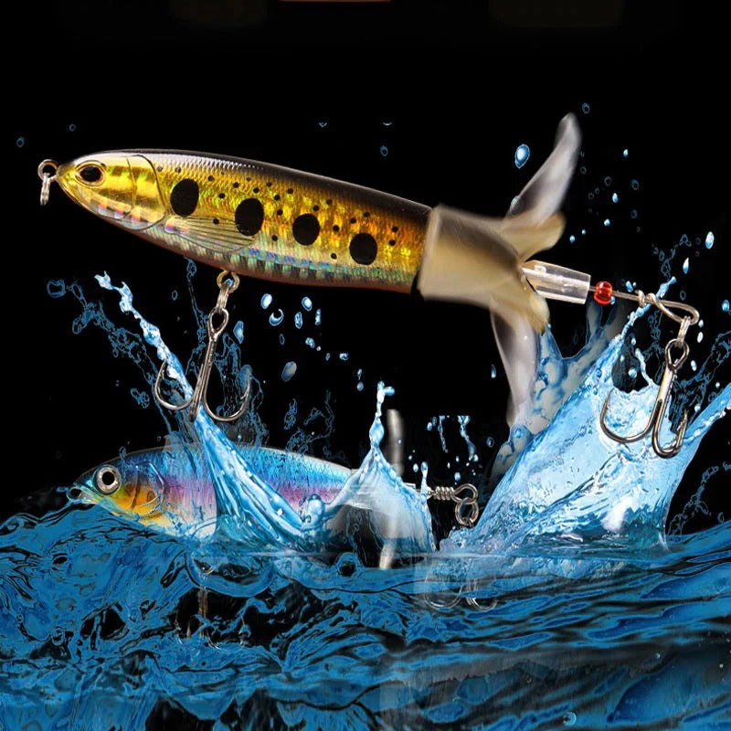 Floating, rotating fish bait in the shape of a propeller