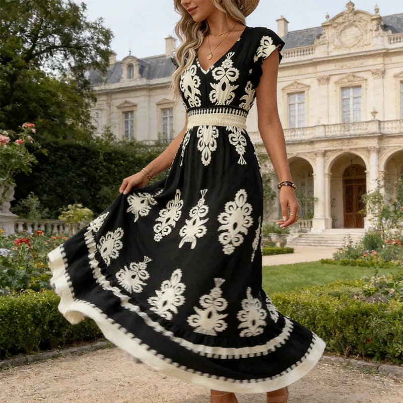 Elegant V-neck dress with baroque print