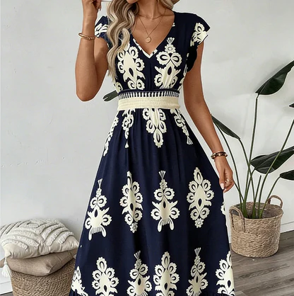 Elegant V-neck dress with baroque print
