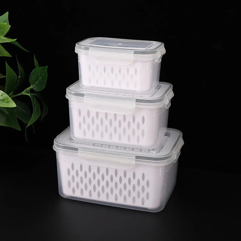 Fruit storage container with removable colander rinses fruits and vegetables and prevents soaking
