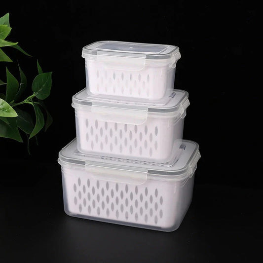 Fruit storage container with removable colander rinses fruits and vegetables and prevents soaking