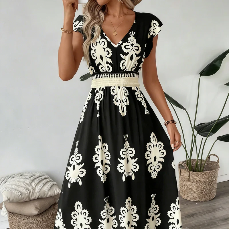 Elegant V-neck dress with baroque print